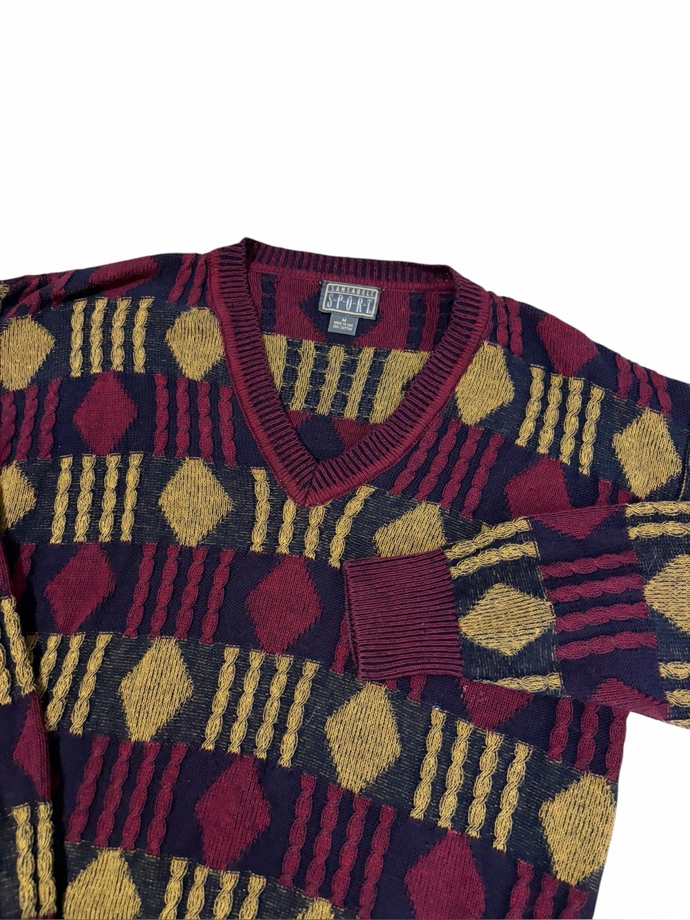 VTG Sansabelt Sport Geometric V Neck Sweater Mens Medium Grandpa Sweater USA